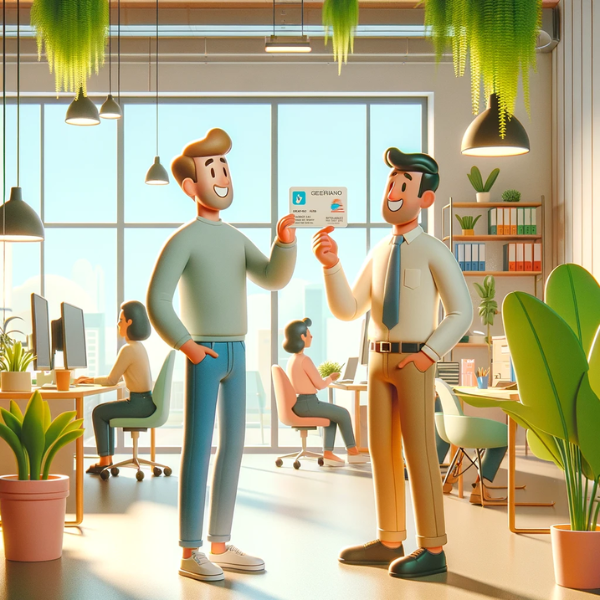 Una oficina luminosa y moderna con trabajadores sonrientes y saludables en un ambiente relajado y productivo. Hay plantas verdes y una decoración minimalista. En la escena, un empleado muestra a otro una tarjeta de seguro de salud, simbolizando el bienestar y la seguridad. La estética es similar a la de una película animada de Pixar, con colores vivos y diseños de personajes amigables y caricaturescos.