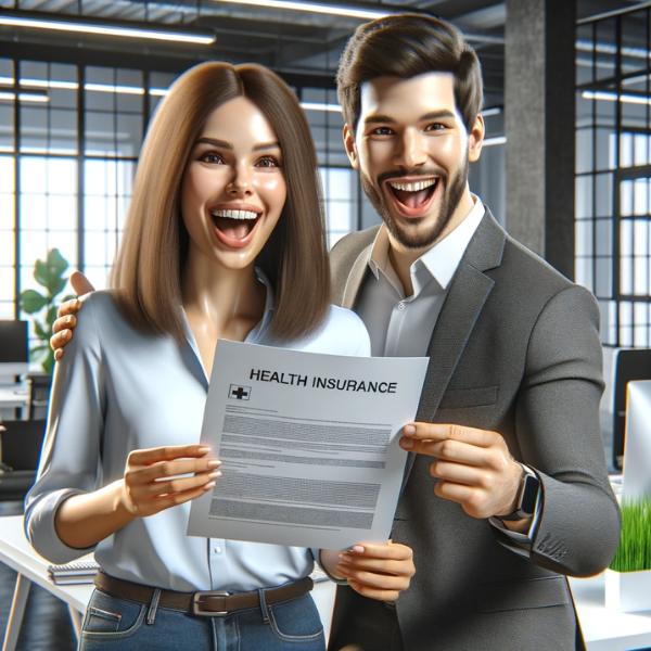 Imagen realista de dos empleados de una startup, que reaccionan con alegría al recibir como regalo un seguro médico. La escena transcurre en una oficina moderna y luminosa. Una de las empleadas es una mujer joven con el pelo castaño de longitud media, vestida con ropa informal elegante, que sonríe ampliamente. El otro es un hombre joven con el pelo corto y negro, también vestido con ropa informal elegante, que expresa su emoción. Ambos sostienen un documento que simboliza el seguro médico. El fondo muestra una oficina moderna y elegante con ordenadores y plantas.
https://www.pymesalud.com/