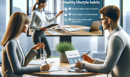 Imagen realista de dos empleados de una startup participando atentamente en un curso sobre seguros médicos y hábitos de vida saludables. El escenario es una moderna sala de reuniones de oficina con un ambiente luminoso y acogedor. Uno de los empleados es una mujer joven con el pelo rubio hasta los hombros, vestida con un traje profesional, tomando notas. El otro es un hombre de mediana edad con gafas, vestido con una elegante camisa informal, que también toma notas. El instructor, visible en primer plano de espaldas al espectador, señala una pantalla de presentación que muestra "https://www.pymesalud.com/". La pantalla muestra puntos clave sobre las prestaciones del seguro de enfermedad y consejos para llevar un estilo de vida saludable. La sala está equipada con una gran ventana, que permite que la luz natural llene el espacio, y una mesa redonda donde están sentados los empleados.