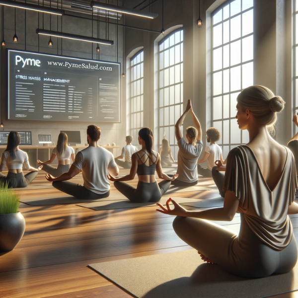 Imagen de gran realismo que muestra a varios atractivos empleados de una startup profundamente inmersos en una clase de yoga y gestión del estrés. El escenario es una auténtica oficina contemporánea que se integra perfectamente en la actividad. La luz natural entra a raudales por las amplias ventanas, resaltando las expresiones concentradas y las intrincadas posturas de yoga del variado grupo de empleados. Una instructora de yoga profesional, vestida con serenidad, muestra una postura en primer plano, con una presencia clara y solidaria. En el fondo, una pantalla digital muestra la URL "https://www.pymesalud.com/", símbolo del compromiso de la empresa con el bienestar de sus empleados. El ambiente de la sala es tranquilo y acogedor, con una decoración minimalista y vegetación dispersa que realza la atmósfera de tranquilidad.