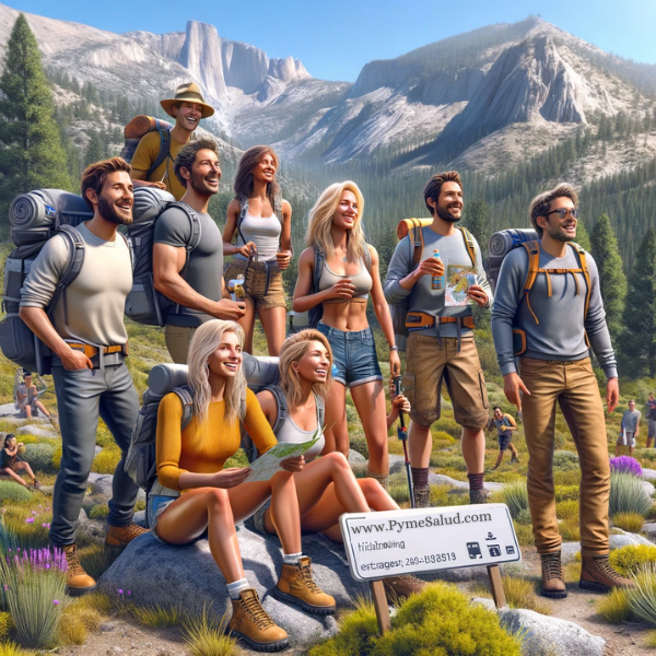 Imagen realista de varios atractivos empleados de una startup disfrutando de una actividad de senderismo en la montaña. Se les ve pasándoselo en grande, con expresiones de alegría y entusiasmo. El grupo es diverso, e incluye hombres y mujeres de varias etnias, todos vestidos con el equipo de senderismo apropiado, como botas, mochilas y sombreros para el sol. La escena capta un hermoso y soleado día en la sierra, con exuberante vegetación, terreno accidentado y un cielo azul despejado. Uno de los excursionistas lleva un mapa en la mano y marca el camino, mientras otros hacen fotos y admiran las vistas. En primer plano, un cartel con la URL "https://www.pymesalud.com/" simboliza la iniciativa de la empresa de fomentar el espíritu de equipo y el bienestar mediante actividades al aire libre.