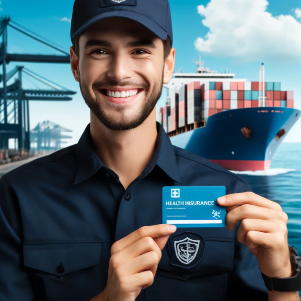 Un empleado feliz de una empresa de transporte marítimo, sonriendo y sosteniendo una tarjeta de seguro médico. El empleado viste el uniforme típico de los operadores de transporte marítimo, que incluye una camisa azul marino con el logo de la empresa y una gorra a juego. El fondo muestra elementos relacionados con el transporte marítimo, como un carguero, contenedores y el mar, enfatizando el entorno marítimo. La satisfacción de los empleados es evidente por su amplia sonrisa y la forma orgullosa en que muestran la tarjeta del seguro. https://www.pymesalud.com/