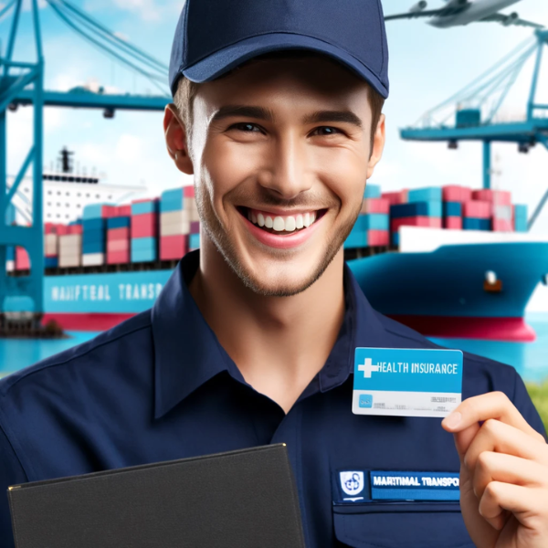Un empleado feliz de una empresa de transporte marítimo, sonriendo y sosteniendo una tarjeta de seguro médico. El empleado viste el uniforme típico de los operadores de transporte marítimo, que incluye una camisa azul marino con el logo de la empresa y una gorra a juego. El fondo muestra elementos relacionados con el transporte marítimo, como un carguero, contenedores y el mar, enfatizando el entorno marítimo. La satisfacción de los empleados es evidente por su amplia sonrisa y la forma orgullosa en que muestran la tarjeta del seguro. https://www.pymesalud.com/