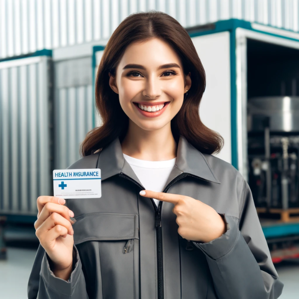 Una empleada satisfecha sonriendo y sosteniendo una tarjeta de seguro médico en la mano. Viste un uniforme adecuado para una empresa de servicios de almacenamiento en frío, que incluye una chaqueta y posiblemente guantes. El fondo muestra elementos relacionados con el almacenamiento en frío, como grandes unidades frigoríficas o contenedores de almacenamiento, enfatizando el ambiente frío. La felicidad de la empleada es evidente cuando muestra su agradecimiento por el regalo de seguro médico de su empresa. https://www.pymesalud.com/