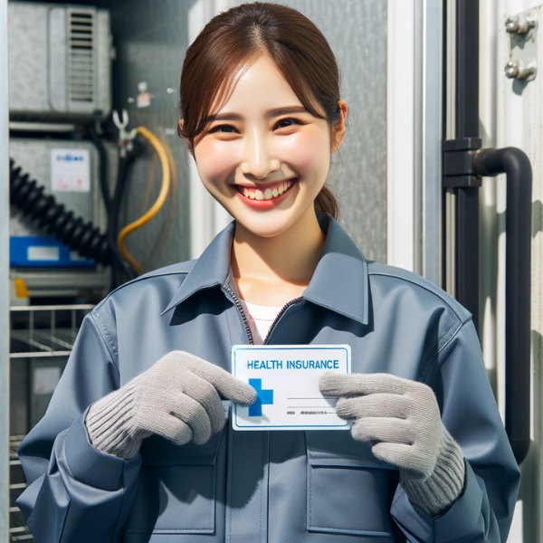 Una empleada satisfecha sonriendo y sosteniendo una tarjeta de seguro médico en la mano. Viste un uniforme adecuado para una empresa de servicios de almacenamiento en frío, que incluye una chaqueta y posiblemente guantes. El fondo muestra elementos relacionados con el almacenamiento en frío, como grandes unidades frigoríficas o contenedores de almacenamiento, enfatizando el ambiente frío. La felicidad de la empleada es evidente cuando muestra su agradecimiento por el regalo de seguro médico de su empresa. https://www.pymesalud.com/