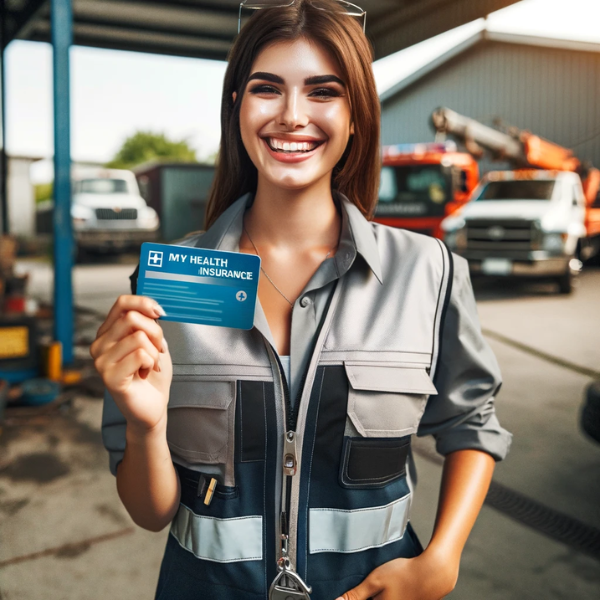 Una empleada satisfecha de una empresa de servicios de remolque y grúa, sonriendo y sosteniendo una tarjeta de seguro médico en la mano. Viste un uniforme típico para ese tipo de trabajo, que incluye el logotipo de la empresa en la camisa, pantalones de trabajo y posiblemente un chaleco o gorro de seguridad. El fondo muestra el entorno de trabajo, como un garaje o un solar con grúas y grúas. Su expresión y lenguaje corporal transmiten felicidad y gratitud por recibir el beneficio del seguro médico de su empleador. https://www.pymesalud.com/