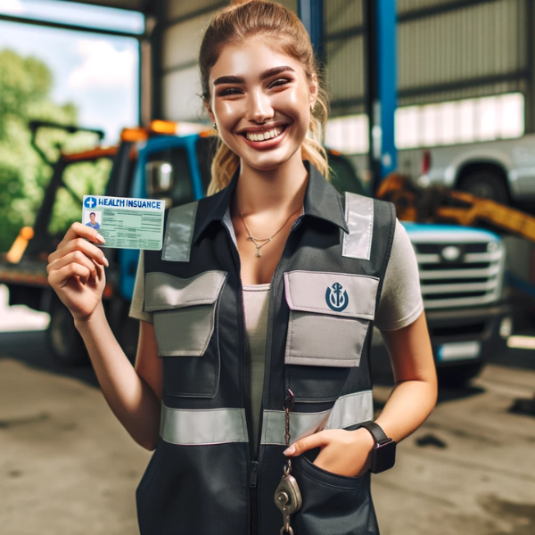 Una empleada satisfecha de una empresa de servicios de remolque y grúa, sonriendo y sosteniendo una tarjeta de seguro médico en la mano. Viste un uniforme típico para ese tipo de trabajo, que incluye el logotipo de la empresa en la camisa, pantalones de trabajo y posiblemente un chaleco o gorro de seguridad. El fondo muestra el entorno de trabajo, como un garaje o un solar con grúas y grúas. Su expresión y lenguaje corporal transmiten felicidad y gratitud por recibir el beneficio del seguro médico de su empleador. https://www.pymesalud.com/