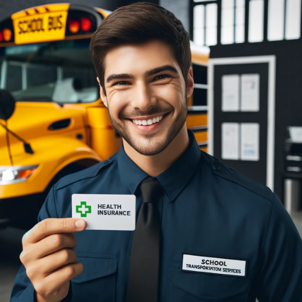 Un empleado feliz que trabaja para una empresa de servicios de transporte escolar, sonriendo y sosteniendo una tarjeta de seguro médico. El empleado viste uniforme y lleva el logo de la empresa en la camisa. Al fondo se ve un autobús escolar y la oficina de la empresa, indicando su lugar de trabajo. El empleado parece contento y orgulloso del beneficio del seguro médico proporcionado por su empleador. https://www.pymesalud.com/
