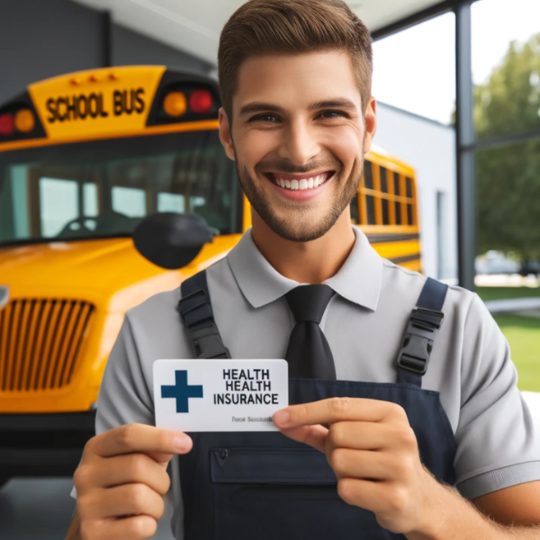 Un empleado feliz que trabaja para una empresa de servicios de transporte escolar, sonriendo y sosteniendo una tarjeta de seguro médico. El empleado viste uniforme y lleva el logo de la empresa en la camisa. Al fondo se ve un autobús escolar y la oficina de la empresa, indicando su lugar de trabajo. El empleado parece contento y orgulloso del beneficio del seguro médico proporcionado por su empleador. https://www.pymesalud.com/