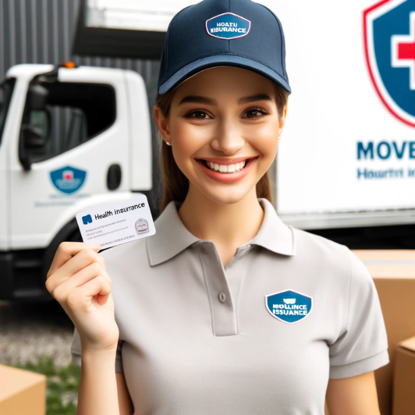 Una empleada satisfecha que trabaja en una empresa de mudanzas, sonriendo y sosteniendo una tarjeta de seguro médico en la mano. Viste un uniforme de la empresa que consta de una camisa azul con el logo de la empresa de mudanzas y unos vaqueros. El fondo muestra un camión de mudanzas con cajas y equipos, lo que indica el entorno de la empresa de mudanzas. La empleada parece feliz y contenta con su nuevo beneficio de seguro médico. https://www.pymesalud.com/