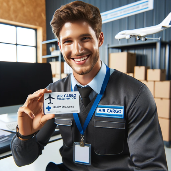 Un empleado satisfecho de una empresa de transporte aéreo de carga, sonriendo y sosteniendo una tarjeta de seguro médico. El empleado viste el uniforme típico del personal de carga aérea, con una placa y el logotipo de la empresa visibles. El fondo muestra un ambiente de oficina con elementos relacionados con la carga aérea, como cajas de envío, modelos de aviones y equipos logísticos. https://www.pymesalud.com/