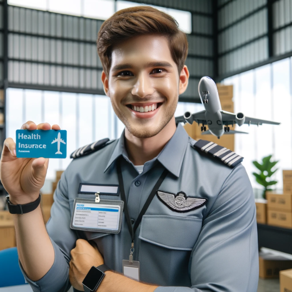 Un empleado satisfecho de una empresa de transporte aéreo de carga, sonriendo y sosteniendo una tarjeta de seguro médico. El empleado viste el uniforme típico del personal de carga aérea, con una placa y el logotipo de la empresa visibles. El fondo muestra un ambiente de oficina con elementos relacionados con la carga aérea, como cajas de envío, modelos de aviones y equipos logísticos. https://www.pymesalud.com/