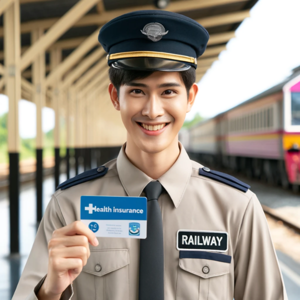 Un empleado feliz de una empresa de transporte ferroviario, sonriendo y sosteniendo una tarjeta de seguro médico. El empleado viste un uniforme de la empresa ferroviaria, que incluye camisa con el logo de la empresa, corbata y gorra. El fondo muestra una estación de tren o vías de tren, enfatizando el contexto ferroviario. El empleado parece contento y orgulloso, claramente satisfecho con el regalo del seguro médico de la empresa. https://www.pymesalud.com/