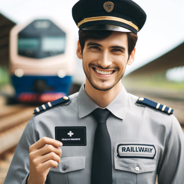 Un empleado feliz de una empresa de transporte ferroviario, sonriendo y sosteniendo una tarjeta de seguro médico. El empleado viste un uniforme de la empresa ferroviaria, que incluye camisa con el logo de la empresa, corbata y gorra. El fondo muestra una estación de tren o vías de tren, enfatizando el contexto ferroviario. El empleado parece contento y orgulloso, claramente satisfecho con el regalo del seguro médico de la empresa. https://www.pymesalud.com/